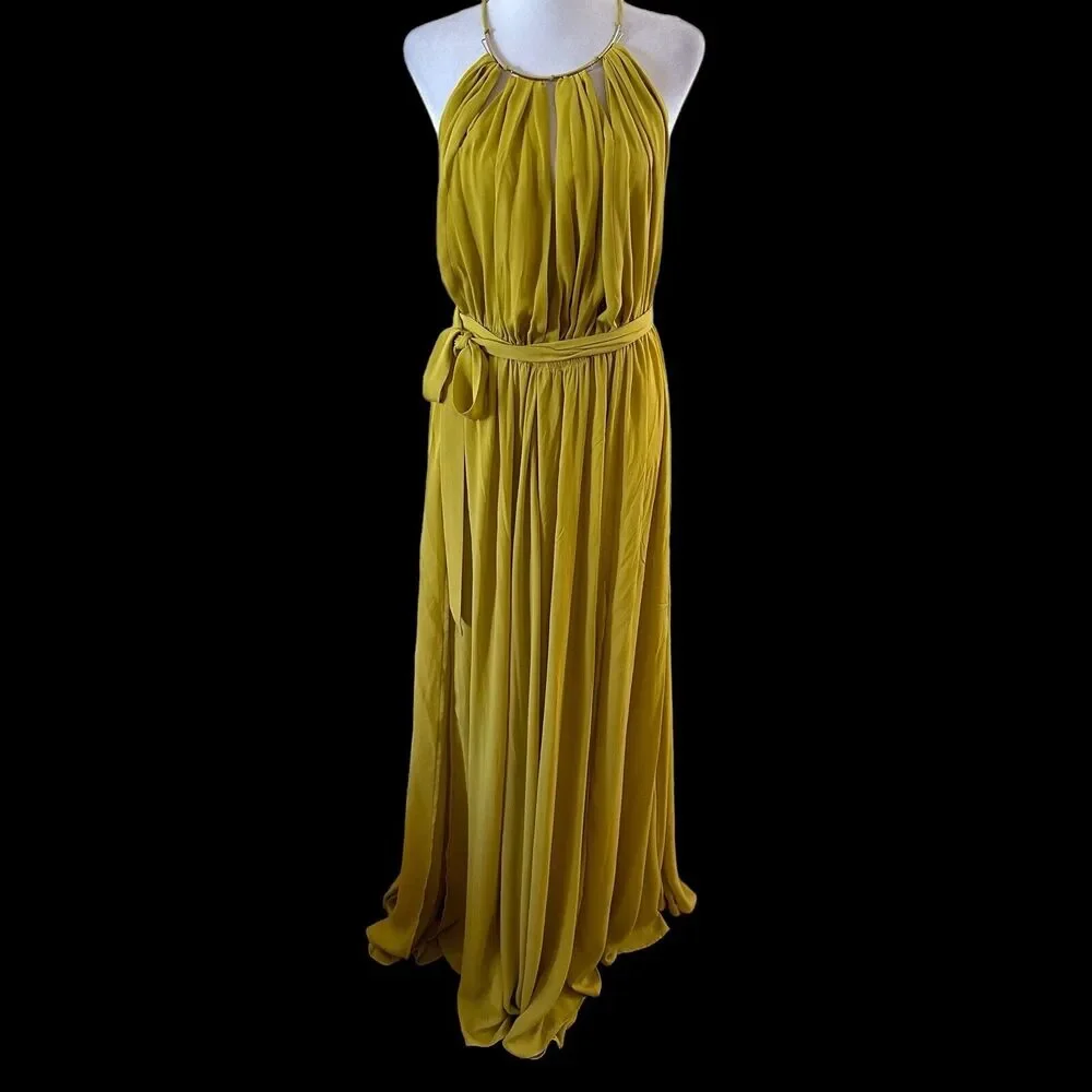 CqbyCq Flowy Deep V-Neck Maxi Dress With Tie Yellow Size Large - Picture 8 of 9